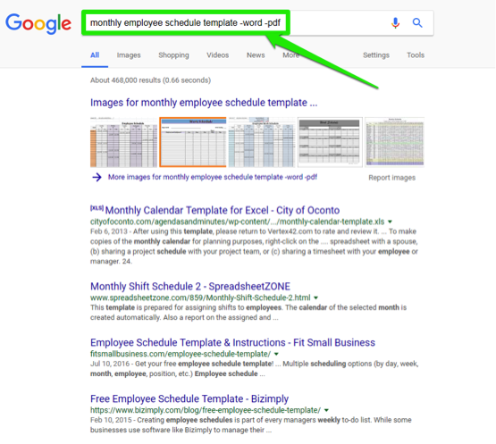 A google search has been entered for, monthly employee schedule template -word-pdf. There is a green arrow pointing at a green box which is surrounding the search bar.