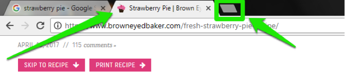 A Google search for "strawberry pie" is open in one tab. A new tab has been opened with a green arrow demonstrating that the page is about strawberry pie. Another green arrow indicates the option to open a new tab.