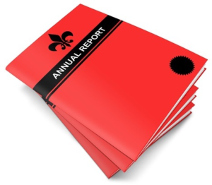 A stack of annual reports. There are three reports shown each inside of a red folder.
