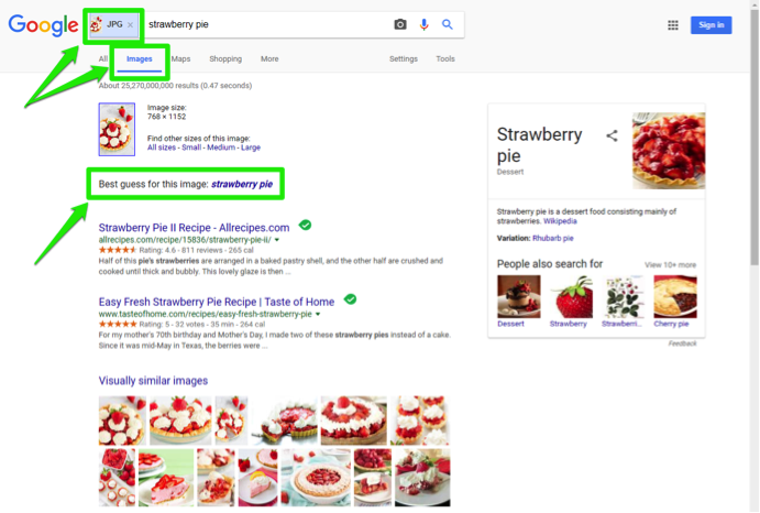 A Google search for "strawberry pie" has been entered in the images section. A green box in the address bar is highlighting that a jpg search has been entered for an image. Another green box highlights where the Google feature to use the best guess for this image is shown.