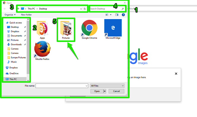 The file finder has been opened and is displayed in front of the google home page screen. There are 5 green numbers highlighting where different things are. The first shows the current files, drives and network drives for a computer. The second shows the left scrolling menu lists the areas on a computer to look for files. The third displays the current location being shown by the window. The fourth shows where the search box is which searches for files, images, and text in the currently displayed window. Finally the fifth shows the file folder with image to be uploaded.