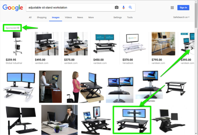 A Google search for adjustable sit stand workstation has been entered. There are three green boxes highlighting different important option available. The first green box indicates the option to view what images have been sponsored. The second green box is showing how to go the next page of images. The third green box surrounds an image from the search entered.