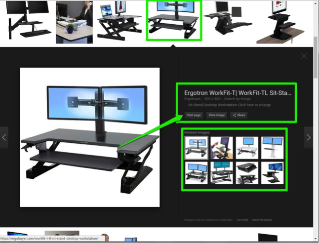 An image of a desktop from a Google search is displayed. There are two green boxes highlighting the options to view the source of the image and another showing where the related images can be found.