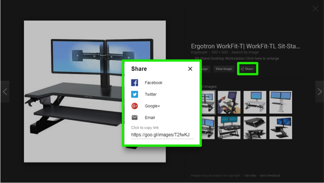 An image of a desktop from a Google search is displayed. There is a green box highlighting where the option to share the image selected is. A new dropdown menu has appeared which has been highlighted by a green box. This box shows the different places you can share the image.