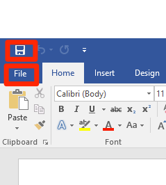 Zoom in on the file and save options on the top left of a blank microsoft word document. Both of the two options are surrounded by red boxes to help identify them.