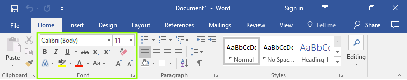 The ribbon menu on a Microsoft Word document is zoomed in on. There is a green box that is highlighting the different formatting options for fonts.