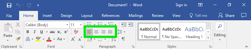A microsoft word document is open zoomed in specifically on the ribbon section. On the close up of the ribbon section, the four alignment options are highlighted by a green box.