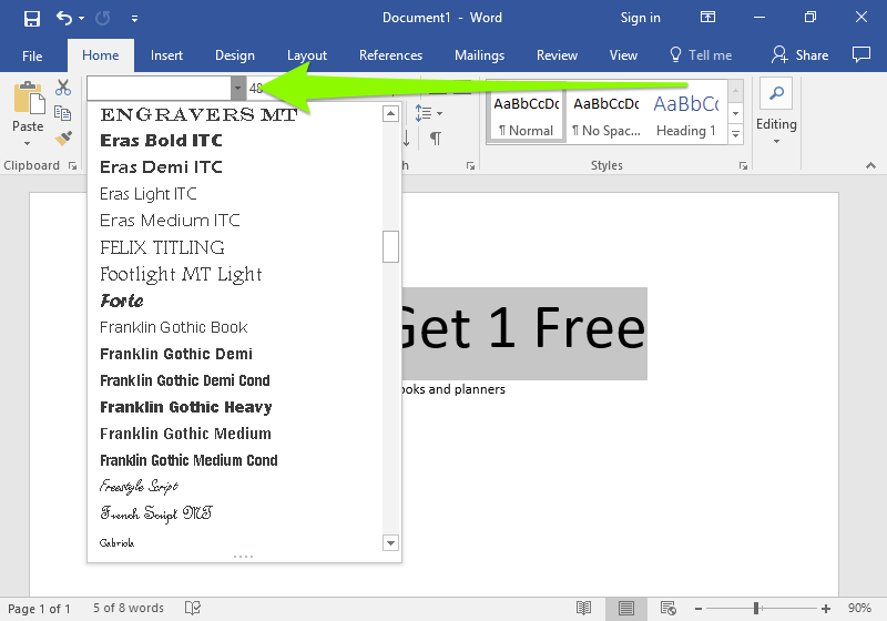 There is a Microsoft Word document open with two lines of text on it. A green arrow is pointing to the font formatting section which is found in the home tab on the ribbon menu. This arrow is pointing to the option to change the font style on the document.