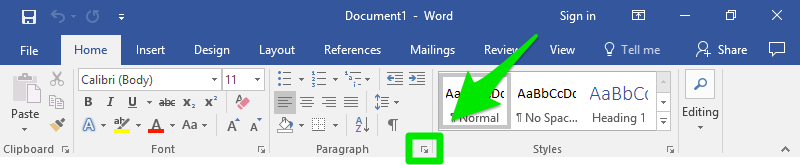 A microsoft word document is open zoomed in on the ribbon bar. A green arrow is pointing at paragraph dialog box which has already been surrounded by a green box.