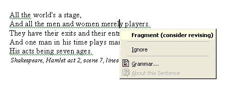 There is a section of text from Shakespeare's Hamlet. There are green lines underneath portions of text representing a grammatical error detection. A dropdown menu has been opened to the right of the text. The dropdown menu lists four options.