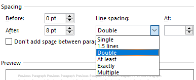 The spacing menu has been opened and in it the dropdown for the line spacing has been opened.