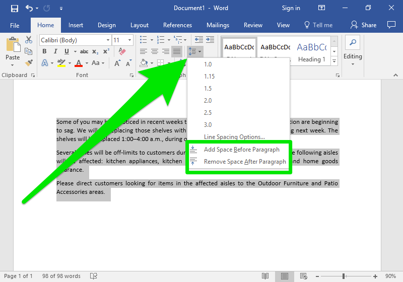 A microsoft word document with a section of text on it. A large green arrow is pointing towards the line spacing menu and the dropdown for it has been triggered. In the dropdown menu a green box highlights how to "Add Space Before Paragraph" or "Remove Space After Paragraph".