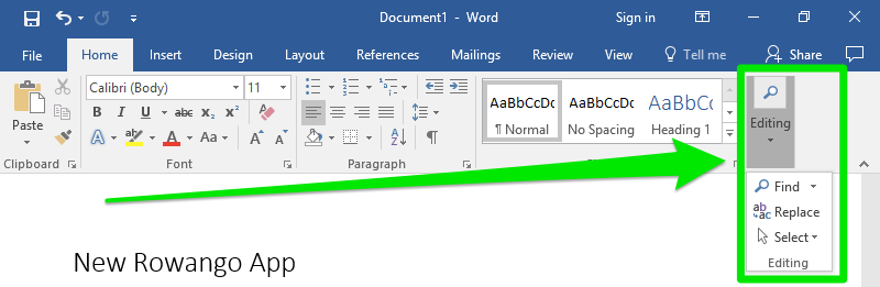 A blank Microsoft Word document is open and is zoomed in on the ribbon menu. A large green arrow is pointing towards the editing feature and a dropdown menu has been opened leading to four new options. 1.) Find 2.) Replace 3.) Select 4.) Editing