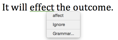 One sentence of text with a grammatical error. A word has been misspelled and a dropdown menu to replace that word is open.
