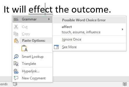 One sentence of text with a grammatical error. A word has been misspelled and a dropdown menu to replace that word is open. This menu gives several options such as cut, copy and paste, as well as grammar, smart lookup and translate.