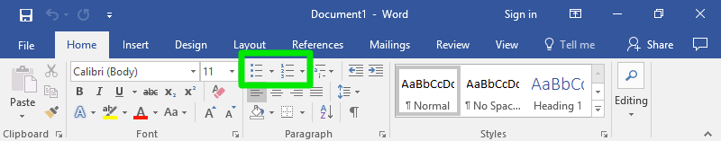A microsoft word document is open displaying a zoom in on the ribbon section of the page. The home option has been selected and on this page a green box is highlighting two separate parts. On the left side of the box is the bulleted list feature and on the right is the numbered list option.
