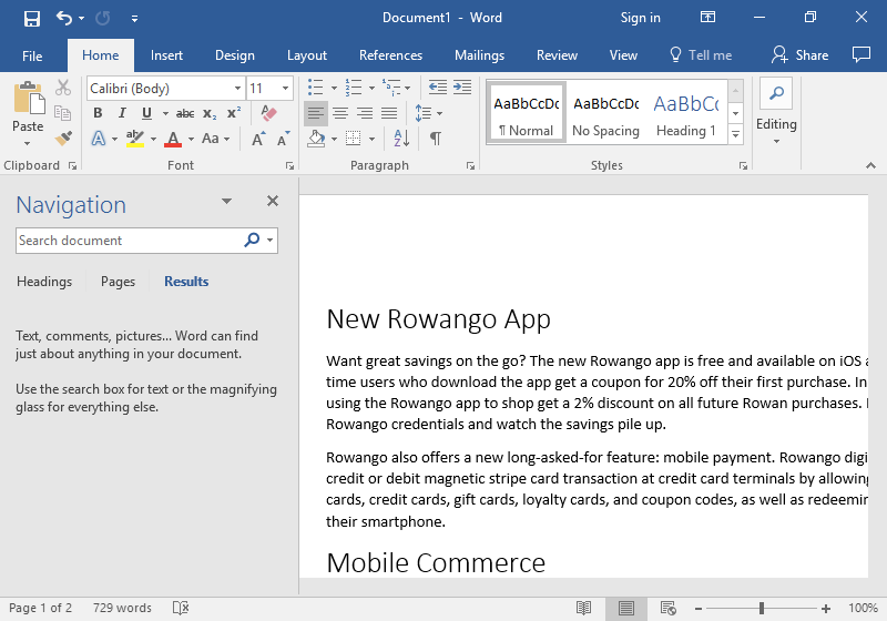 A Microsoft Word document is open with text on it. On the left hand side of the document the navigation feature has been opened.
