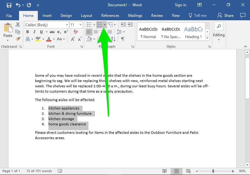 A microsoft word document is open with a section of text on it. A green arrow is pointing at the numbered list menu.