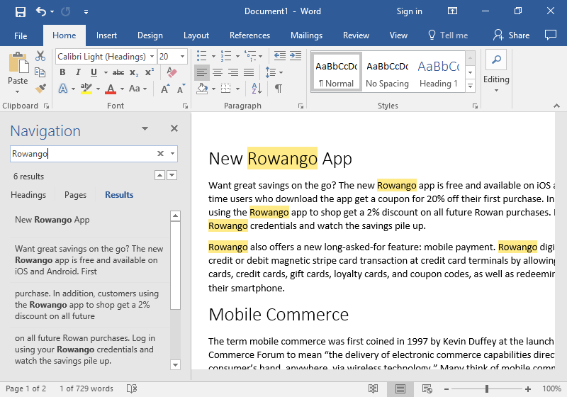 A Microsoft Word document is open with text on it. On the left hand side of the document the navigation feature has been opened. In the search box the word "Rowing" has been typed. As a result all six instances where that word can be found are highlighted in a mustard yellow.