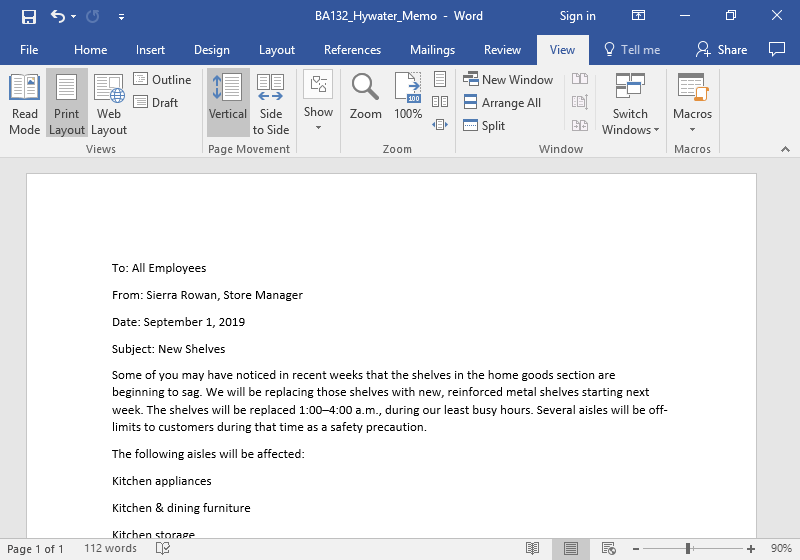 A Microsoft Word document is open with a memo written on it.