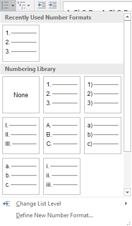Numbered format list options are listed in the recently used number formats menu.