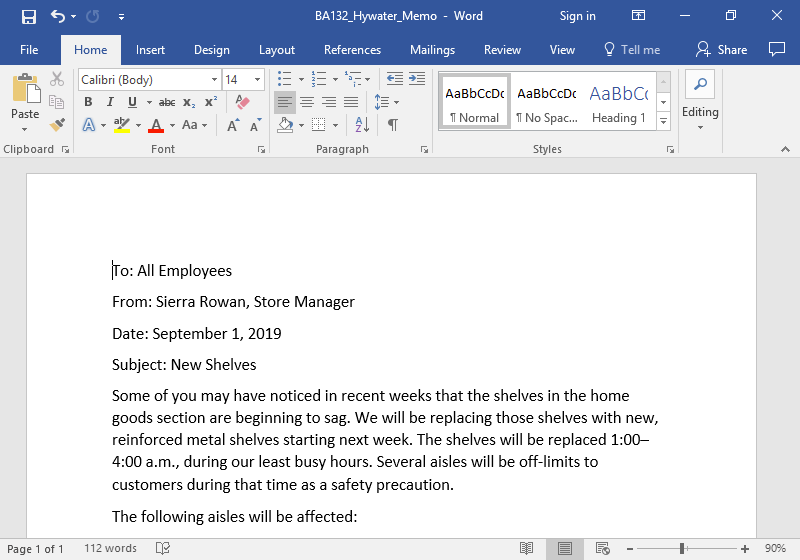 A Microsoft Word document is open with a memo written on it. The font size has been set to 14.