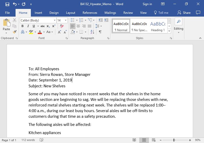 A Microsoft Word document is open with a memo written on it. The third line of the document is selected.