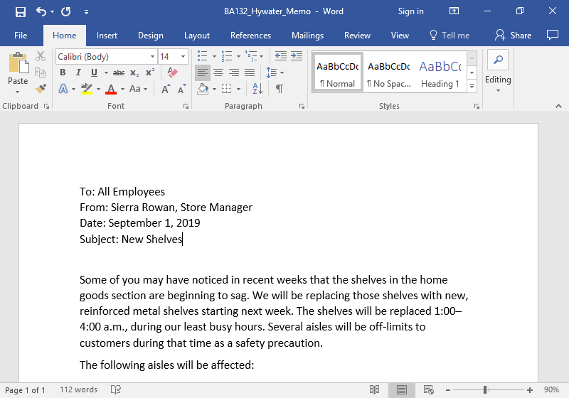 A Microsoft Word document is open with a memo written on it. The subject line has been selected.