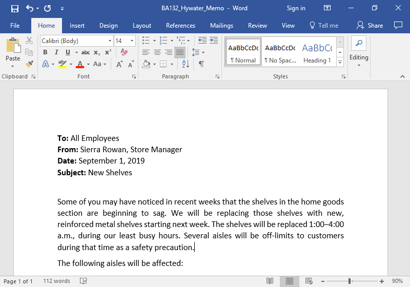 A Microsoft Word document is open with a memo written on it. The memo has been justified.