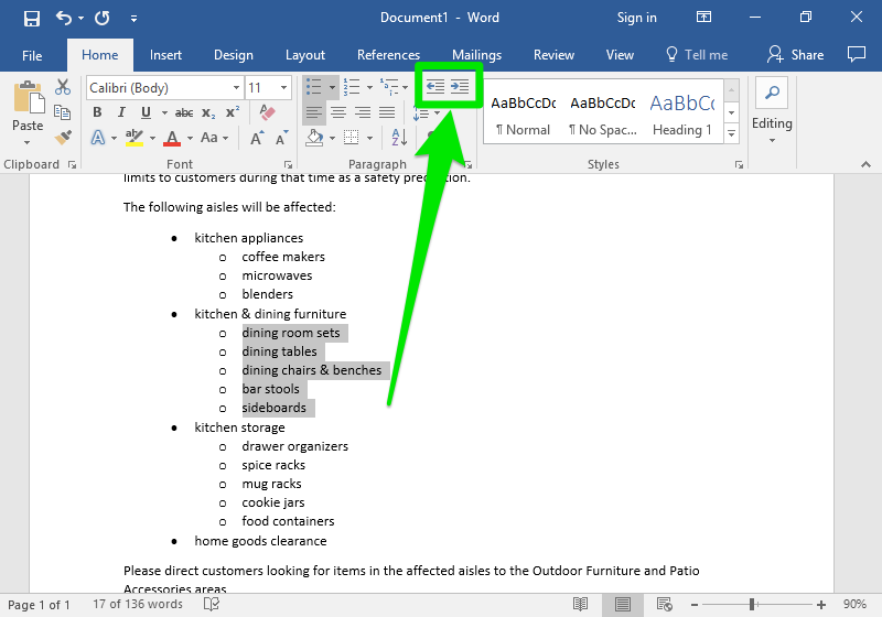 A microsoft word document is open with a section of text on it. A green arrow is pointing at the change list level menu.