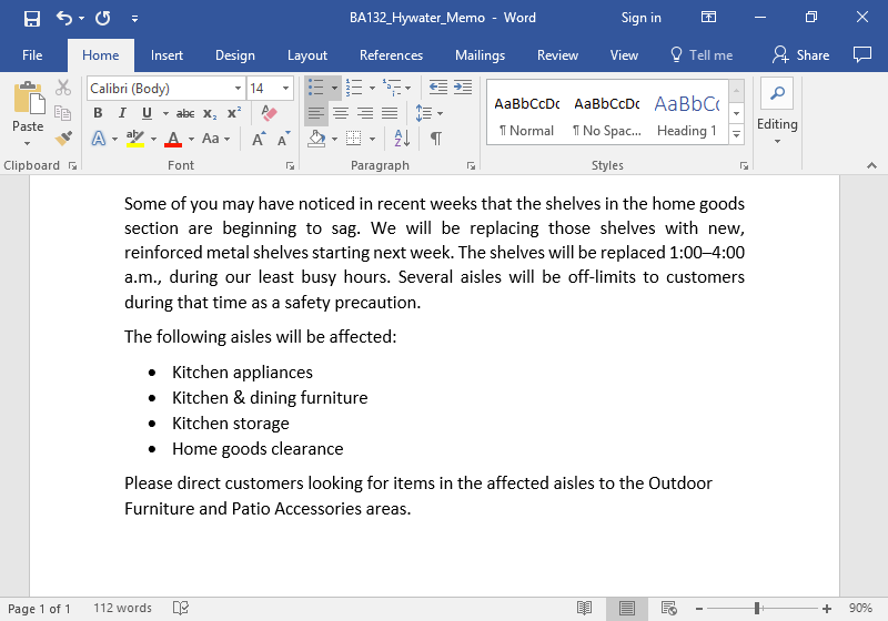 A Microsoft Word document is open with a memo written on it. A bulleted list showing the affect of this memo is displayed.