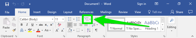 A microsoft word document is open displaying a zoom in on the ribbon section of the page. The home option has been selected and on this page a green arrow is highlighting where the list level options menu is.