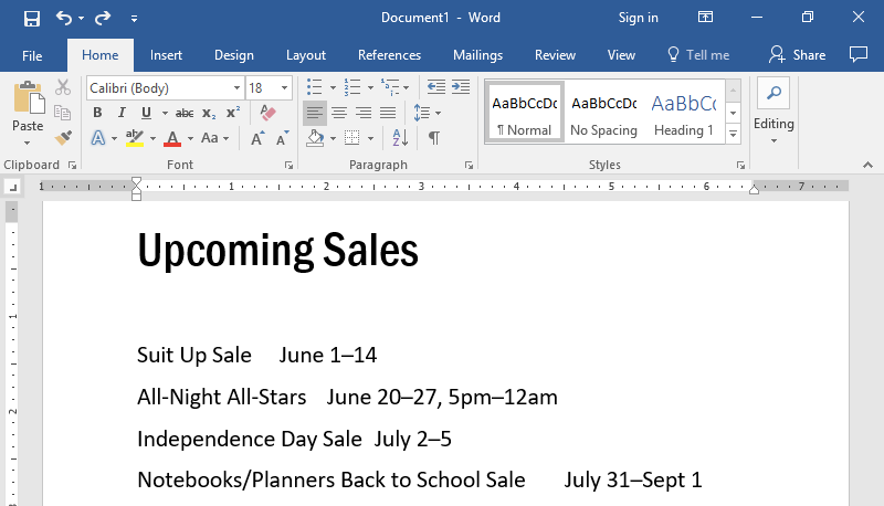 The top half of a Microsoft Word document is displayed with text. The point of this image is to show there are no tab stops.