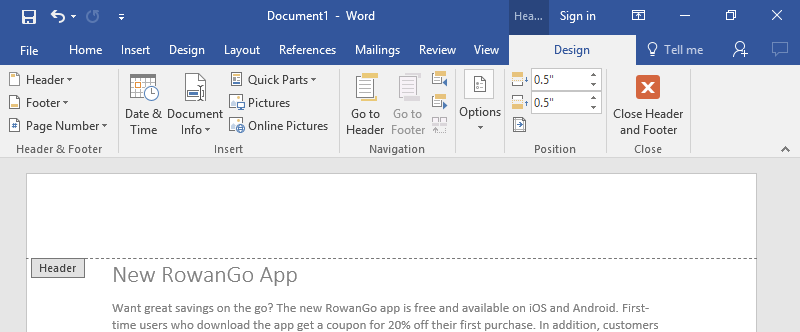A Microsoft Word document is open with text on it. The display is showing that a header has been inserted.