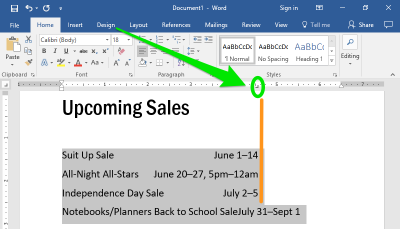 A word document with text on it. A green arrow is pointing to the direction of where the right tab option is in the ribbon menu.