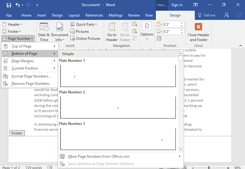 A Microsoft Word document is open with text on it. Under the design tab on the Ribbon menu is the page number feature which has opened a new dropdown menu. This menu lists all of the places where you can insert a page number. A new dropdown menu has been opened up from the "Bottom of Page" option. There are three choices on this menu 1.) Plain Number 1, 2.) Plain Number 2, 3.) Plain Number 3.