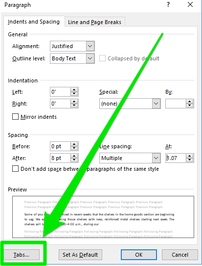 A paragraph dialog box has been opened with a large green arrow pointing to a green box which is highlighting the tabs option.