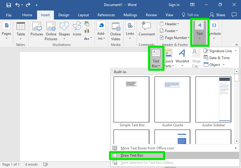 A blank Microsoft Word document is open. There are three green text boxes show. The first one is in the ribbon menu under the tab "Text". The second box surrounds a menu called "Text Box" which has opened up as a result of clicking the "Text" tab which surrounds the first box. The third box surrounds "Draw Text Box" which is from the dropdown menu of "Text Box".