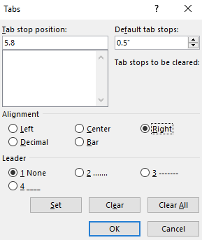 A tab dialog box is open with several options selected. The "Tab Stop Position" is 5.8 the "Default Tab Stops" is at 0.5". The alignment is to the right and the leader is 1.