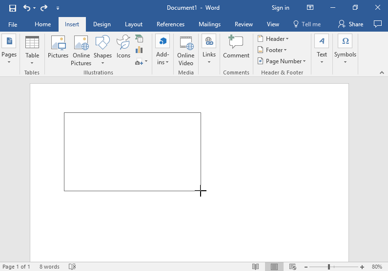A blank Microsoft Word document is open. In the middle of the document a medium size text box has been drawn.