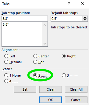 A tab dialog box is open with several options selected. The "Tab Stop Position" is 5.8" the "Default Tab Stops" is at 0.5". The alignment is to the right and the leader is 2.