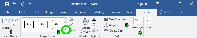 A zoom in on the ribbon menu in a Microsoft Word document is displayed. There are four different green numbers displayed. The first one stands for "Shapes", the second one stands for "Styles", the third represents "Text", and the fourth demonstrates where the "Arrange" feature is.