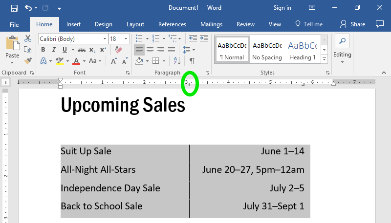 A Microsoft Word document is open with text on it. The text has been highlighted in gray to show what updating the center tab does. The center tab has also been highlighted by a green oval along the ribbon menu.