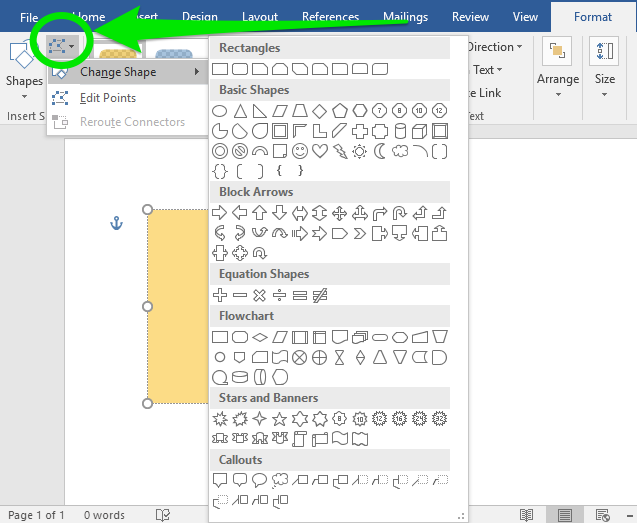 A Microsoft Word document is open. A green arrow is pointing at an oval which is highlighting where the shapes are. A dropdown menu has been opened up so you can change and select the shape you want to insert. There are 6 different options which consist of: "Rectangles", "Basic Shapes", "Block Arrows", "Equation Shapes", "Flowchart", "Stars and Banners", and "Callouts".