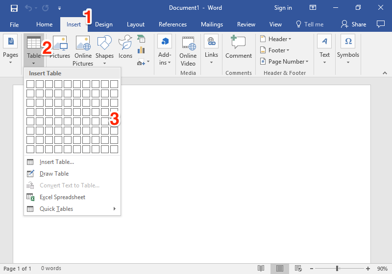 A blank Microsoft Word document is open. There are three red numbers on display. The first number indicates where the "Insert" button is located on the ribbon menu. The second number shows the "Table" option which has a dropdown menu. The third number comes from the dropdown menu from the table and allows you to select the heigh and width go your table.