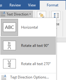 The ribbon menu on a Microsoft Word document is open on the format tab. The text direction dropdown menu has been opened allowing different options to adjust the way the text box is displayed.