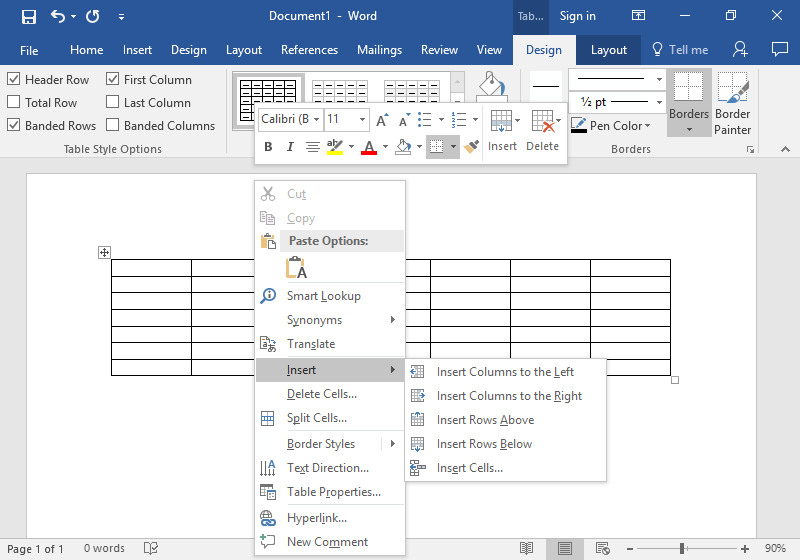 A Microsoft Word document is open with a table on it. The design tab on the ribbon menu has been selected and underneath that a new dropdown menu has bee opened. The option to insert has been selected opening up a new dropdown menu with 5 options on how to insert a table available.