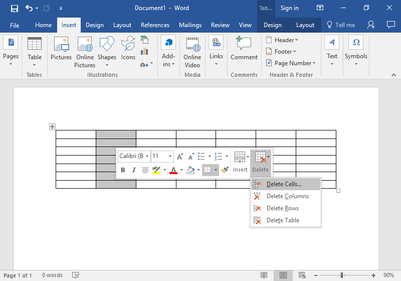 A Microsoft Word document is open with a table on it. One column has been highlighted in gray and a new dropdown menu is open. The option to delete parts of the table is now available.