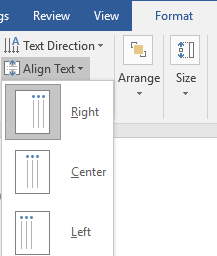 The ribbon menu on a Microsoft Word document is open on the format tab. The align text dropdown menu has been opened allowing different options to align the text.