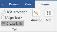 The ribbon menu on a Microsoft Word document is open on the format tab. The create link option has been highlighted in gray.
